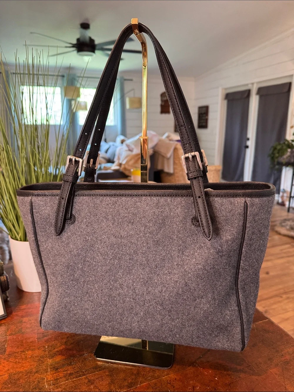 Tory Burch Gray Felt Tote with Black Trim